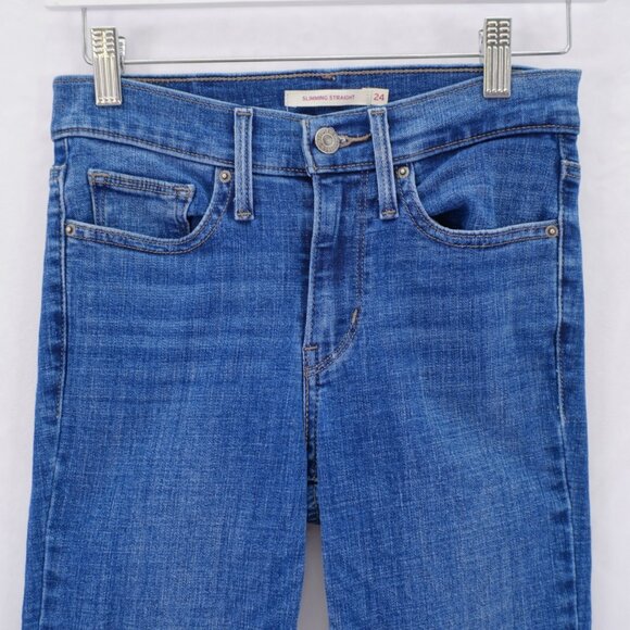 Levi's Slimming Straight Blue Denim Jeans Stone Wash Whiskering -24- 25 / 30 Mid - Picture 2 of 9